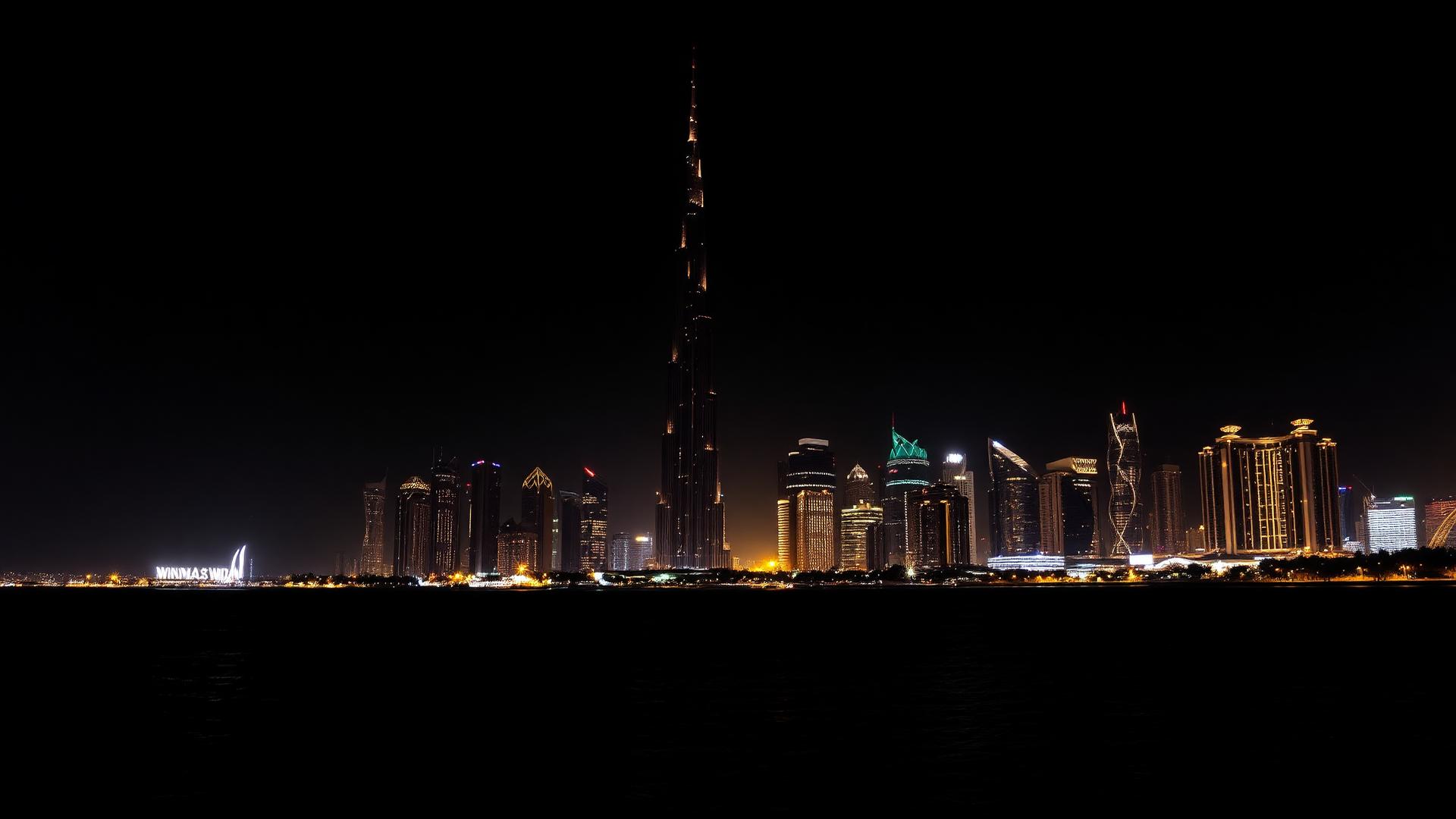 Dubai skyline at night with the Burj Khalifa